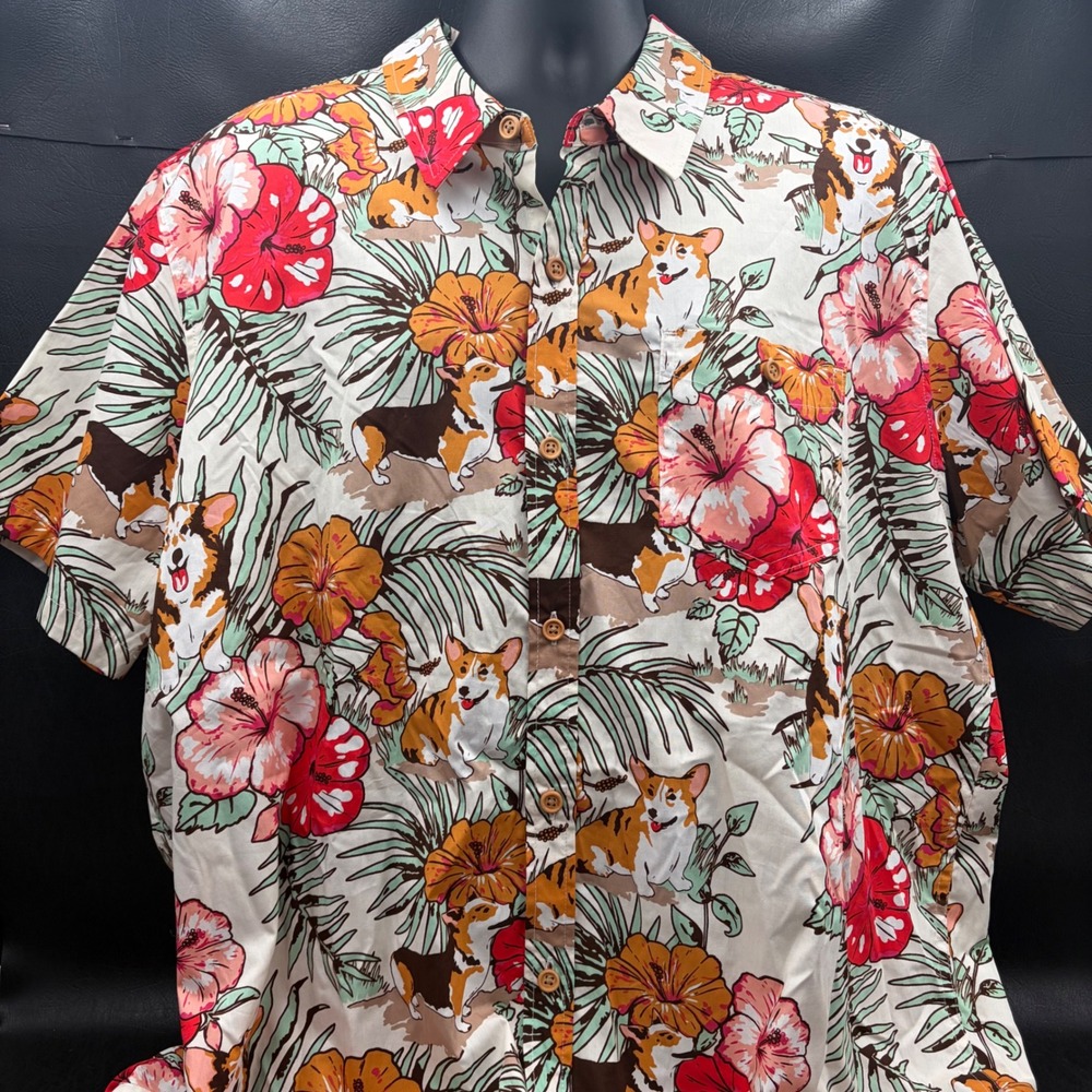 Hot Topic Mens 3X‎ Corgi Dog Tropical Floral Hibiscus Cotton Button Down Shirt